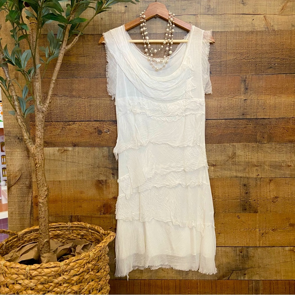 White Silk Tiered Sleeveless Slip Dress, Made in Italy - Picture 3 of 10